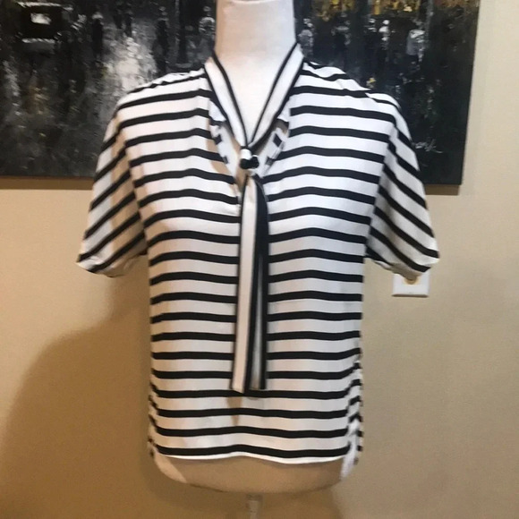 Express Black and White Stripe Tie Neck Blouse-Size Small - Picture 1 of 7